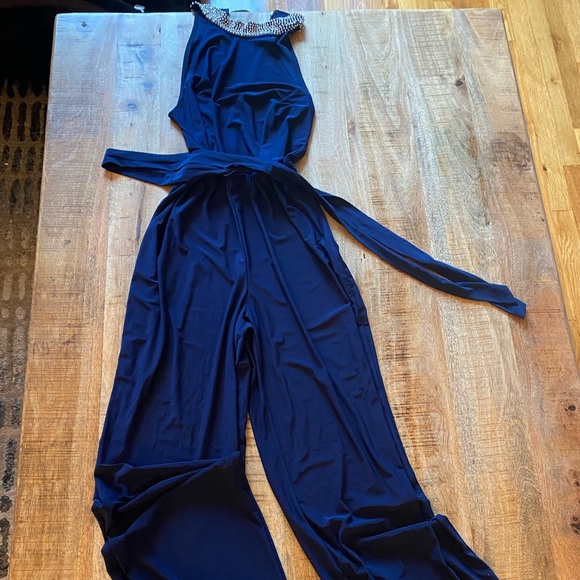 MARINA DRESSES navy blue jumpsuit embellished rhinestones halter belt - Picture 2 of 10